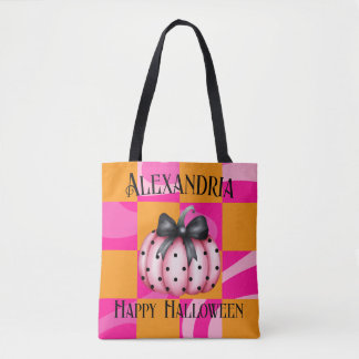 Personalized Halloween Pumpkin Bow Pink Orange Tote Bag