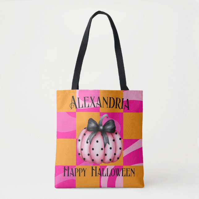 Personalized Halloween Pumpkin Bow Pink Orange Tote Bag (Front)