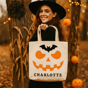 Personalized Halloween Pumpkin Face Custom Name Tote Bag