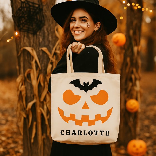 Personalized Halloween Pumpkin Face Custom Name Tote Bag (Creator Uploaded)