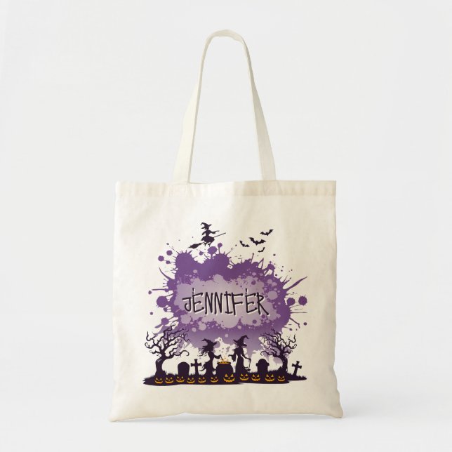 Personalized Halloween Purple Name Witch Graveyard Tote Bag (Front)