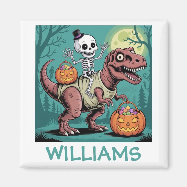Personalized Halloween Skeleton Riding Dinosaur Magnet (Front)