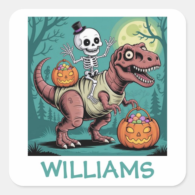 Personalized Halloween Skeleton Riding Dinosaur Square Sticker (Front)
