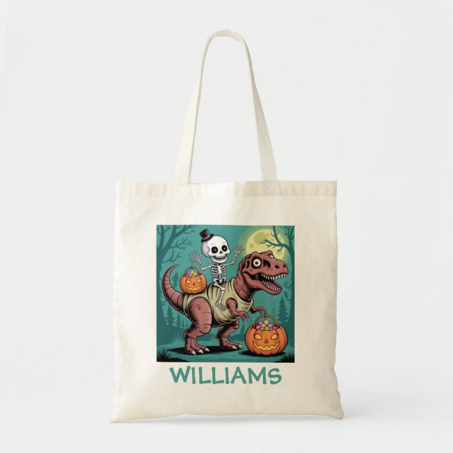 Personalized Halloween Skeleton Riding Dinosaur Tote Bag (Front)