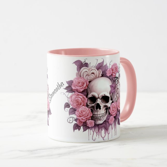 Personalized Halloween Skull and Roses Mug (Front Right)