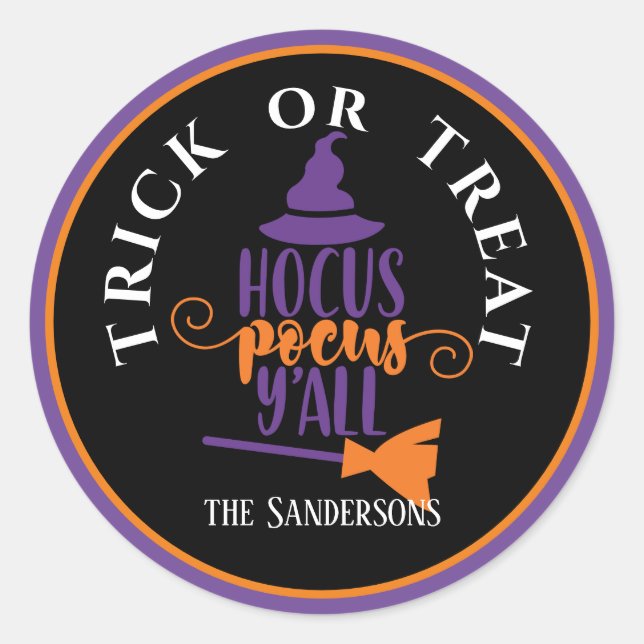 Personalized, Halloween Trick or Treat Hocus Pocus Classic Round Sticker (Front)