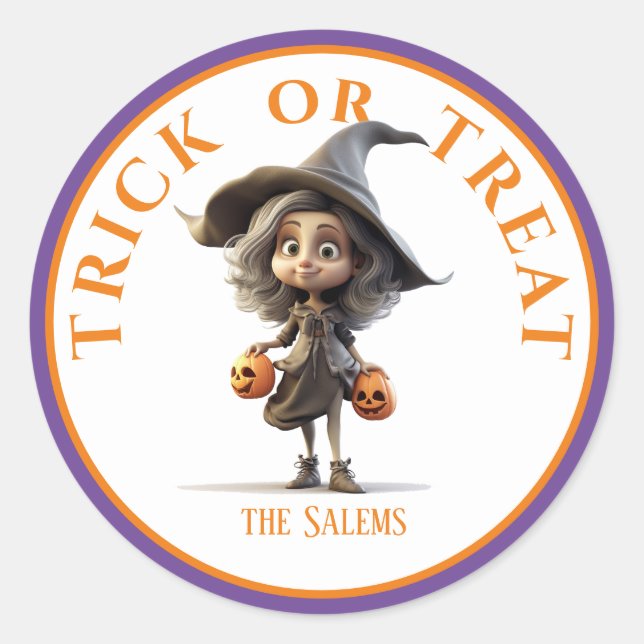 Personalized, Halloween Trick or Treat Witch Classic Round Sticker (Front)