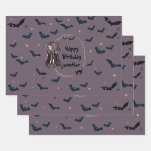 Personalized Halloween Witch/Bats Pattern Wrapping Wrapping Paper Sheet
