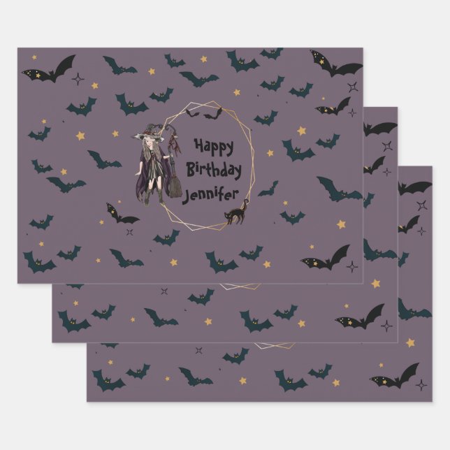 Personalized Halloween Witch/Bats Pattern Wrapping Wrapping Paper Sheet (Set)