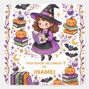 Personalized Halloween Witch Bookplate for Kids Square Sticker