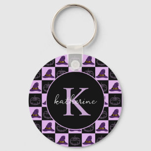 Personalized Halloween Witch Hat Spooky Pattern Keychain