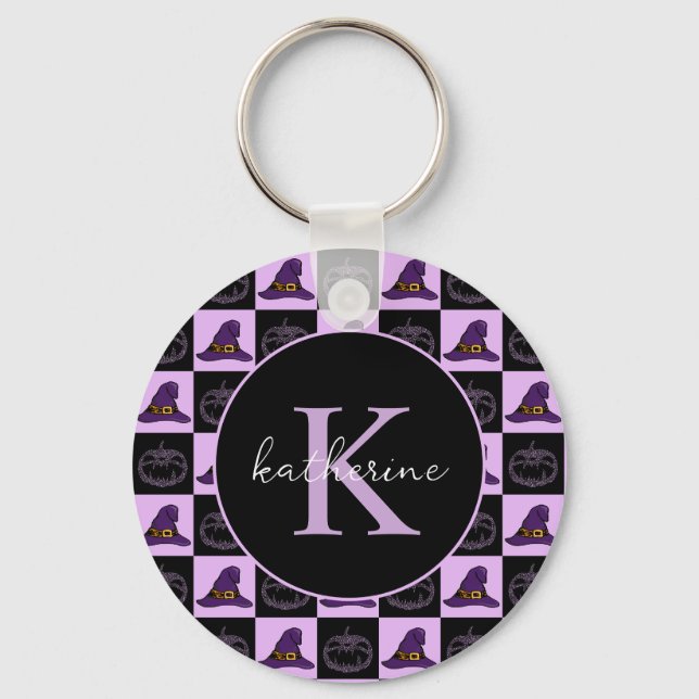 Personalized Halloween Witch Hat Spooky Pattern Keychain (Front)