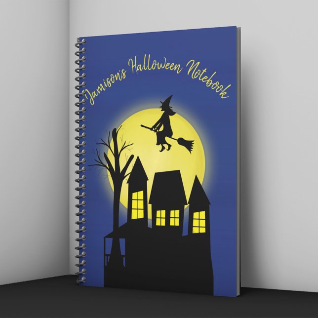 Personalized Halloween Witch Haunted House Notebook (Personalized Halloween notebook with witch flying over haunted house and glowing moon.)