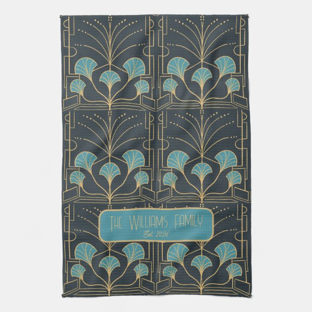 Personalized Hand drawn Art Deco Fountain Tile Kitchen Towel (Vertical)