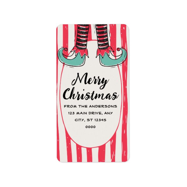 Personalized Hand Drawn Elf Sock Merry Christmas Label (Front)