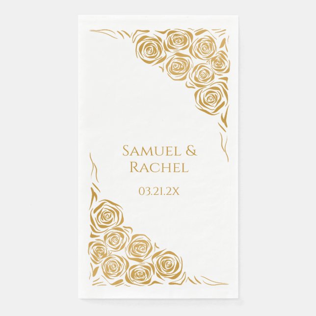 Personalized Hand Drawn Golden Roses Wedding Napkin (Front)