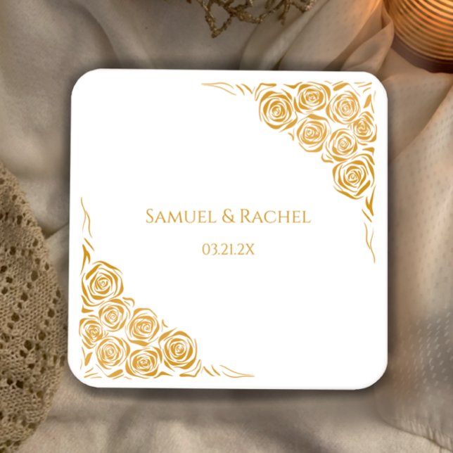 Personalized Hand Drawn Golden Roses Wedding Square Paper Coaster (Add the couples names and date for a unique hand drawn golden roses designer wedding table coaster.
)