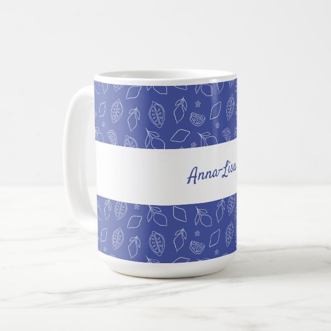 Personalized Hand Drawn Italian Lemons Blue Coffee Mug (Front Left)