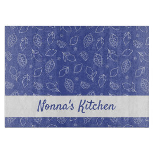 Personalized Hand Drawn Italian Lemons Blue Cutting Board