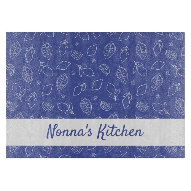 Personalized Hand Drawn Italian Lemons Blue Cutting Board (Front)