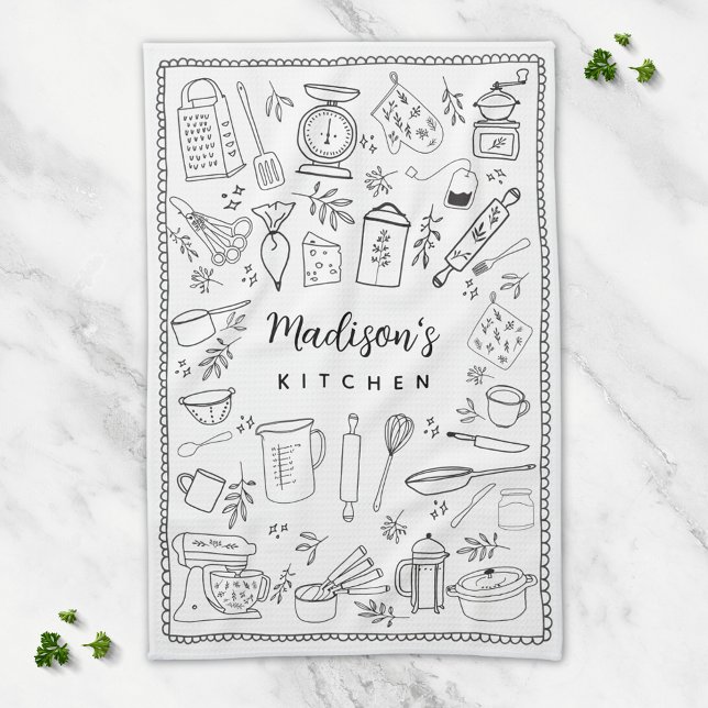 Personalized Hand Drawn Kitchen Cooking Utensils  Kitchen Towel (In situ)