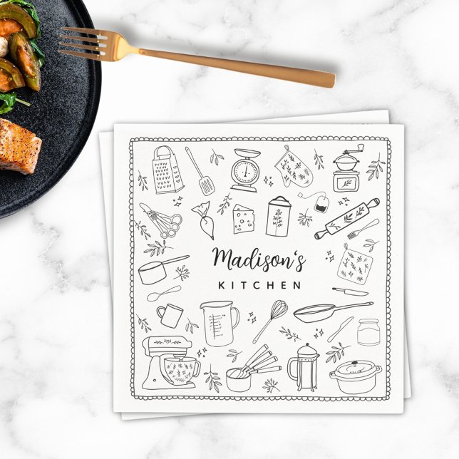 Personalized Hand Drawn Kitchen Cooking Utensils Napkin (In situ)