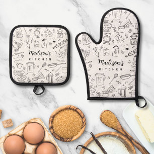 Personalized Hand Drawn Kitchen Cooking Utensils Oven Mitt & Pot Holder Set