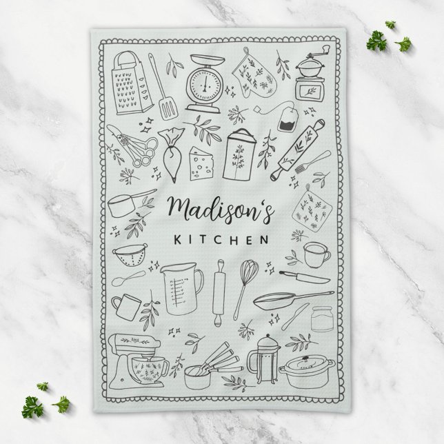 Personalized Hand Drawn Kitchen Cooking Utensils  Towel (In situ)