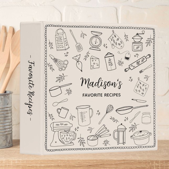 Personalized Hand Drawn Kitchen Utensils Recipe Binder (In situ)