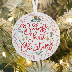 Personalized Hand Drawn Sketch Baby's First  Metal Ornament