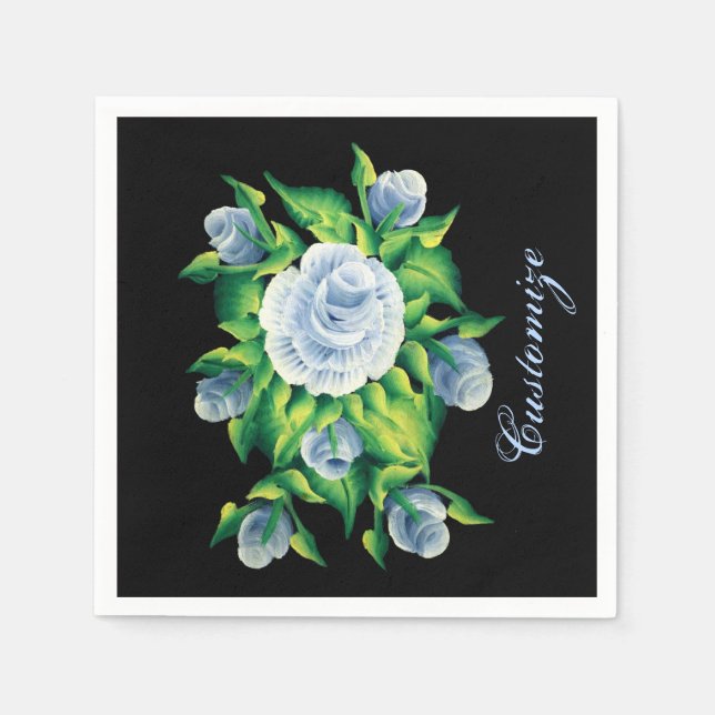 Personalized Hand Painted Blue Roses Black Napkins (Front)