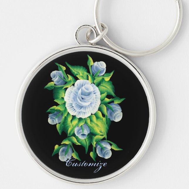 Personalized Hand Painted Blue Roses Key Chain 2 (Front)
