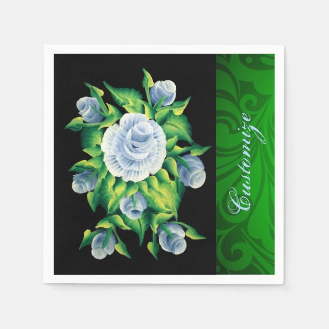 Personalized Hand Painted Blue Roses Napkins (Front)