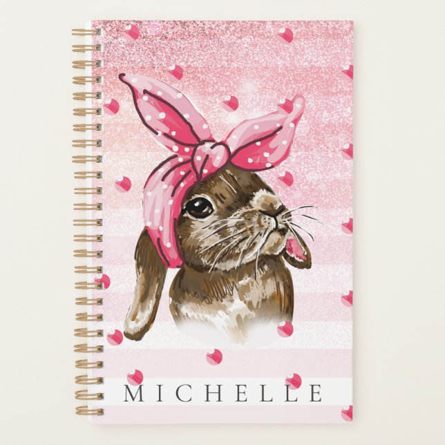 Personalized Hand painted Bunny glitter Planner (Front)