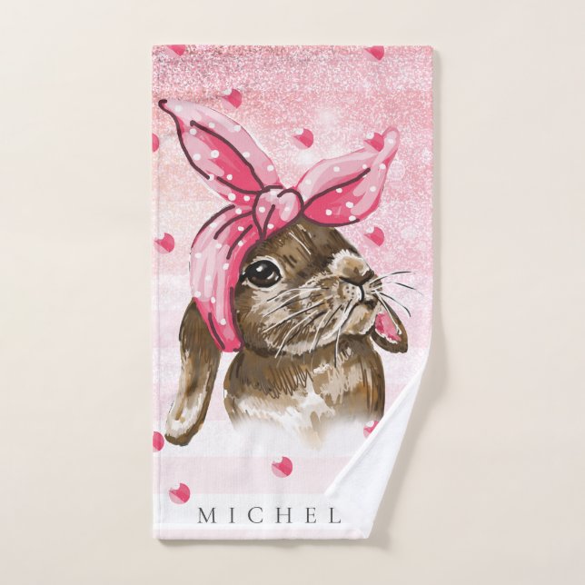 Personalized Hand painted Bunny glitter Towel (Hand Towel)