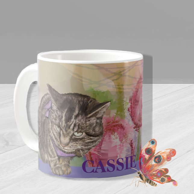 Personalized Hand-Painted Cat Art Mug with tulips (Purple Floral Cat Mug with a butterfly )