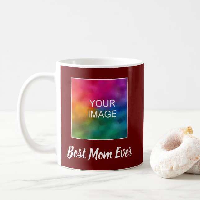 Personalized Hand Script Dark Red Best Mom Ever Coffee Mug (With Donut)
