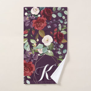 Personalized Hand Towel Plum Purple Roses Gold Geo
