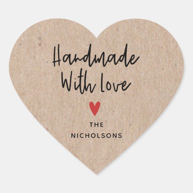 Personalized Handmade With Love Rustic Kraft Heart Sticker (Front)