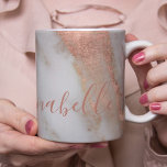 Personalized handwritten name rose gold marble coffee mug<br><div class="desc">Grey marble stone pattern and faux rose gold metallic glitter and dark navy blue coffee mug personalized with your name in trendy coral pink copper script.</div>