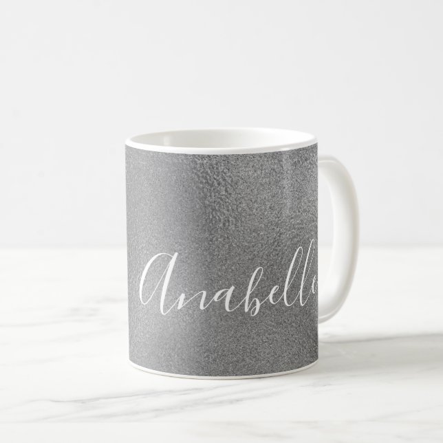 Personalized handwritten name silver grey glitter coffee mug (Front Right)