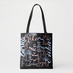 personalized handwritten names on black tote bag