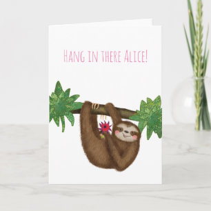 Personalized 'hang in there' sloth on branch card