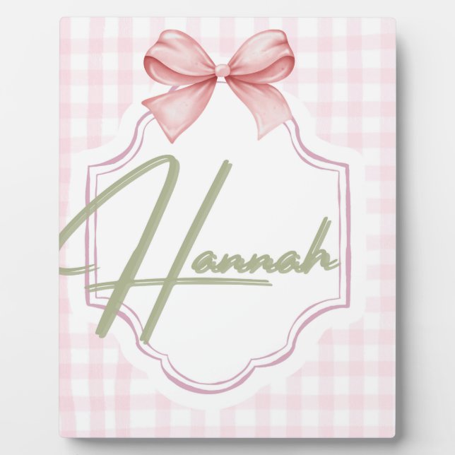 Personalized Hannah Baby Girl Nursery Bow&Gingham Plaque (Front)
