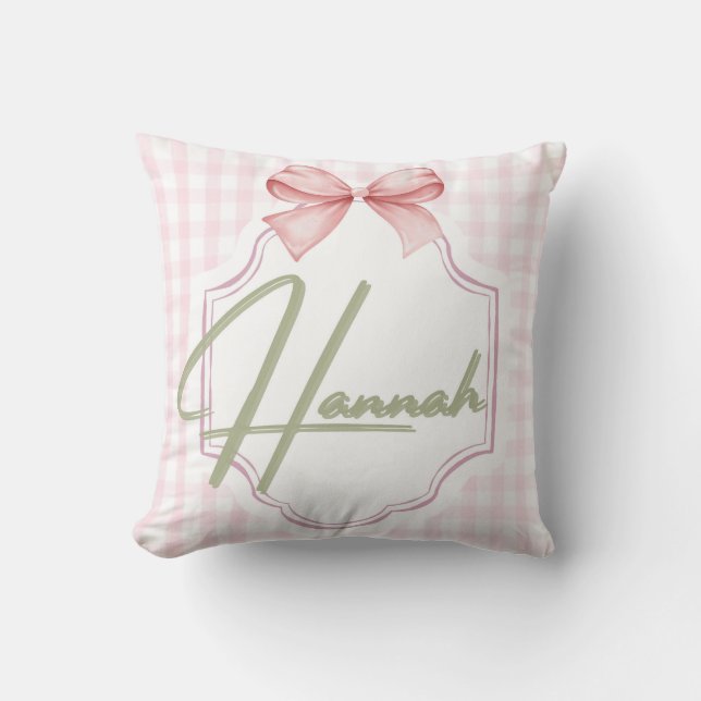 Personalized Hannah Baby Girl Nursery Bow&Gingham Throw Pillow (Front)
