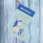 Personalized Hanukkah Blue Snowman Watercolor Small Christmas Stocking<br><div class="desc">This design was created though digital art. It may be personalized in the area provided or customizing by choosing the click to customize further option and changing the name, initials or words. You may also change the text colour and style or delete the text for an image only design. Contact...</div>