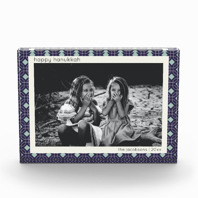 Personalized Hanukkah Decor Blue Retro Geometric Photo Block (Front)