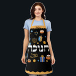 Personalized Hanukkah Hebrew Menorah Dreidel Apron<br><div class="desc">Set a Happy Hanukkah tone with this Personalzed Bold & Bright Hanukkah Apron. Sure to make someone special smile. It is the perfect way to wish friends and family a Happy Hanukkah. Whimsical colourful Chanukah elements — including Jelly Doughnuts, Dreidels, Wrapped Gifts, Gold Coins and Stars of David— surround the...</div>