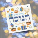 Personalized Hanukkah Menorah Doughnuts & Dreidel Napkin<br><div class="desc">This bold graphic design is the perfect way to set a festive Hanukkah/Chanukah Party table. Whimsical colourful Chanukah elements — including Jelly Doughnuts, Dreidels, Wrapped Gifts, Gold Coins and Stars— surround the word CHANUKAH in Hebrew, . With space for your own name & message. Need help with this design? Want...</div>