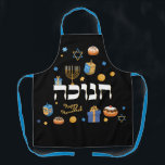 Personalized Hanukkah Menorah Dreidel Apron<br><div class="desc">Set a Happy Hanukkah tone with our Personalized Bold & Bright Hanukkah Apron. Sure to make someone special smile. It is the perfect way to wish friends and family a Happy Hanukkah. Whimsical colourful Chanukah elements — including Jelly Doughnuts, Dreidels, Wrapped Gifts, Gold Coins and Stars of David— surround the...</div>